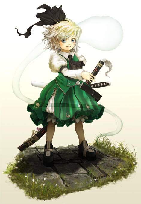 ishiatama, konpaku youmu, konpaku youmu (ghost), touhou, bad id, bad pixiv id, 1girl, blue eyes, female focus, ghost, hairband, hitodama, katana, sheath, sheathed, short hair, solo, sword, weapon, white hair