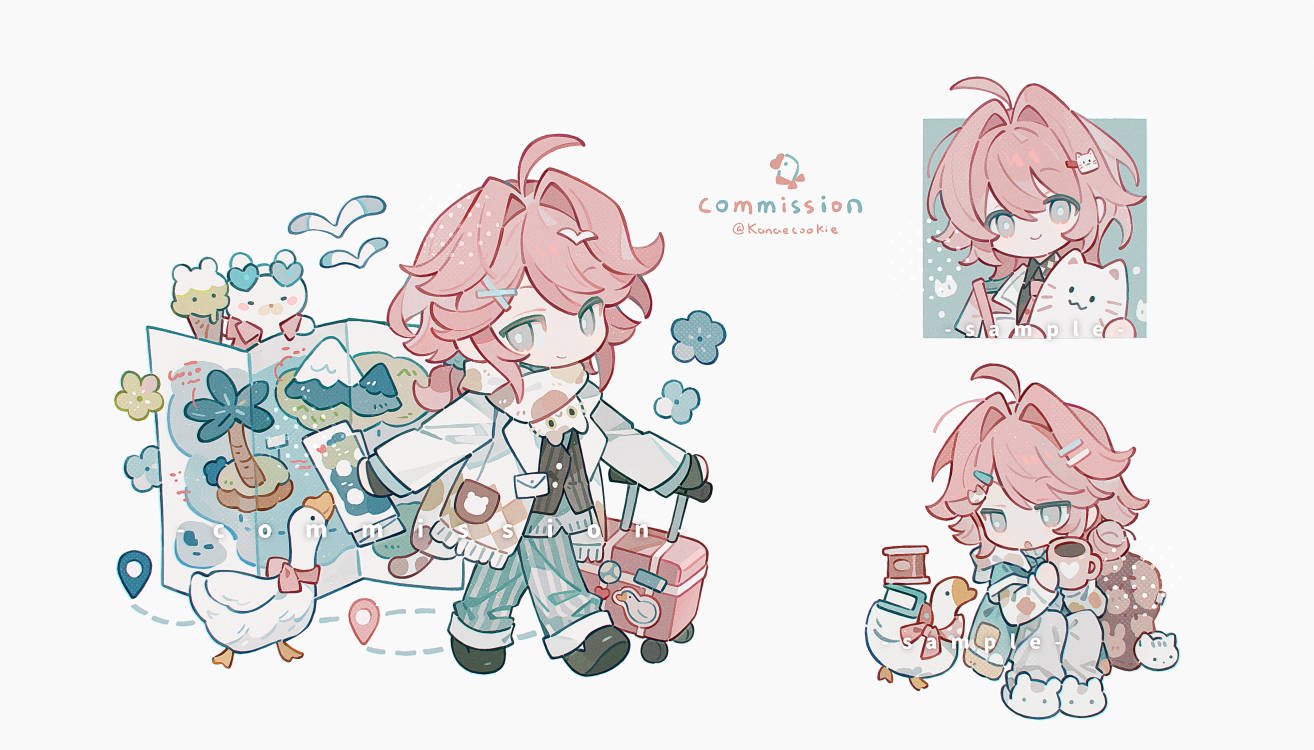 kanae (cookie), original, commission, 1girl, :o, ahoge, ball hands, black gloves, black shoes, black vest, blue pants, bright pupils, chibi, chibi only, closed mouth, cup, full body, gloves, grey eyes, hair intakes, holding, holding cup, jacket, long sleeves, looking at viewer, map (object), multiple views, open clothes, open jacket, open mouth, pants, pink hair, shoes, short hair, simple background, smile, standing, twitter username, vest, white background, white jacket, white pupils