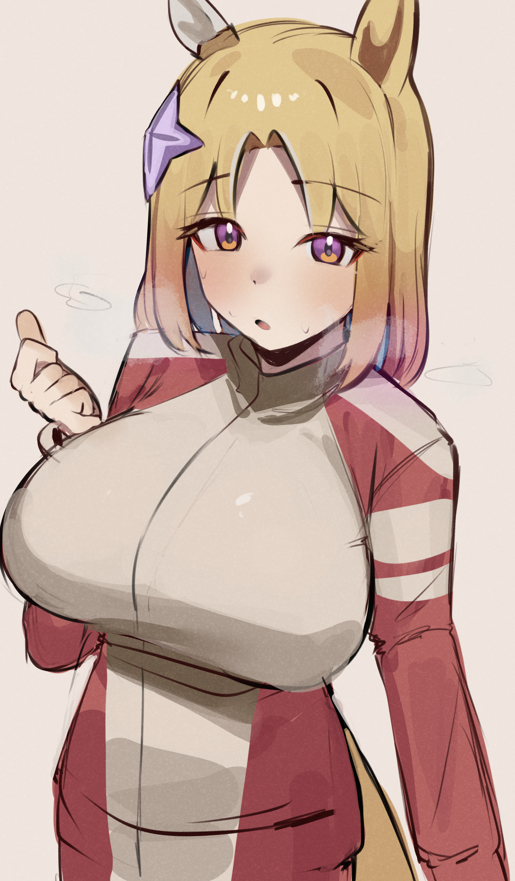 iog626, narita top road (umamusume), umamusume, absurdres, highres, 1girl, :o, animal ears, blonde hair, breasts, gradient hair, grey jacket, hair ornament, horse ears, horse girl, jacket, large breasts, multicolored hair, multicolored jacket, open mouth, purple eyes, red hair, red jacket, solo, sportswear, sweat, sweatdrop