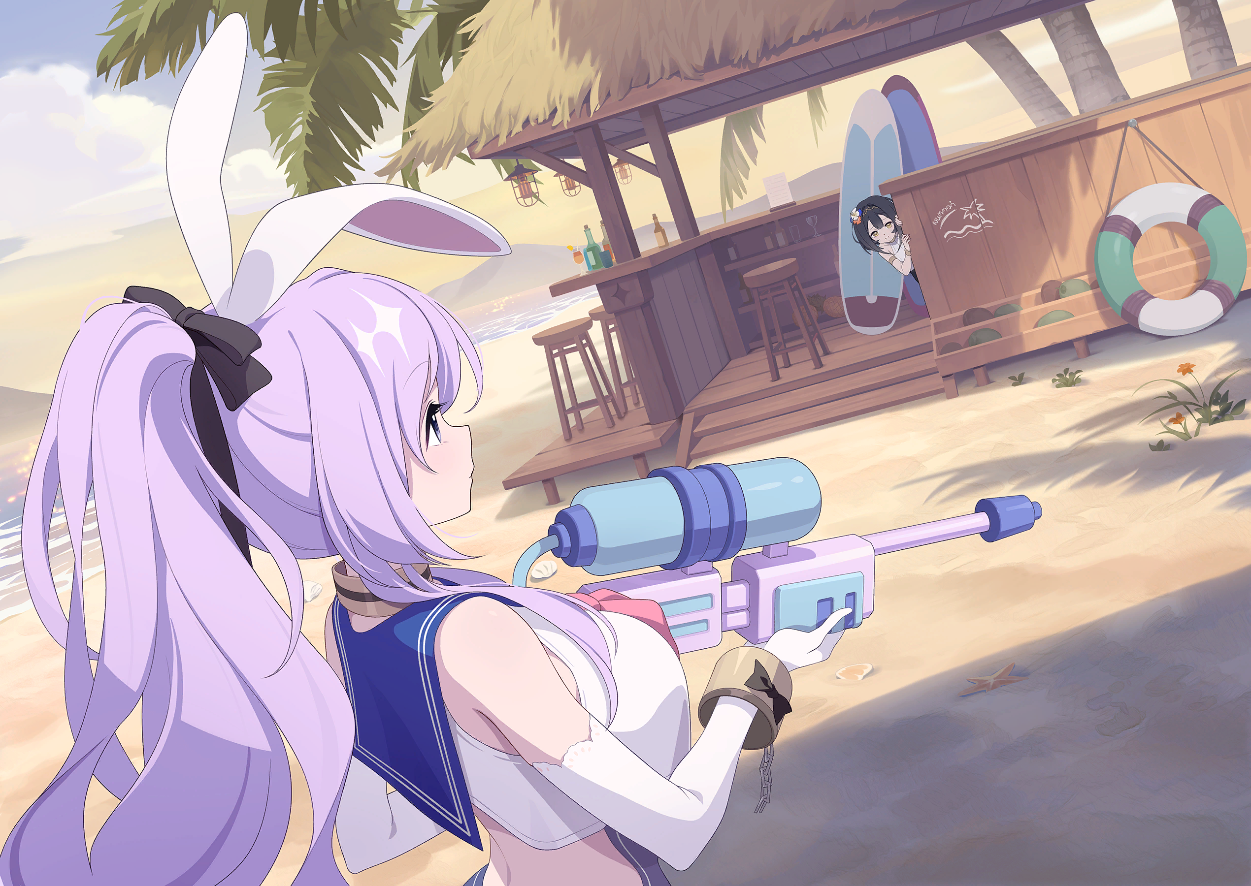 amber (stella sora), stella sora, game cg, highres, non-web source, official art, 2girls, beach, black hair, blue sailor collar, breasts, elbow gloves, glass bottle, gloves, grey eyes, holding, holding water gun, large breasts, long hair, multiple girls, neckerchief, outdoors, pink neckerchief, ponytail, purple hair, sailor collar, sailor shirt, shack, shia (stella sora), shirt, sidelocks, sleeveless, sleeveless shirt, surfboard, very long hair, water gun, white gloves, white shirt, yellow eyes