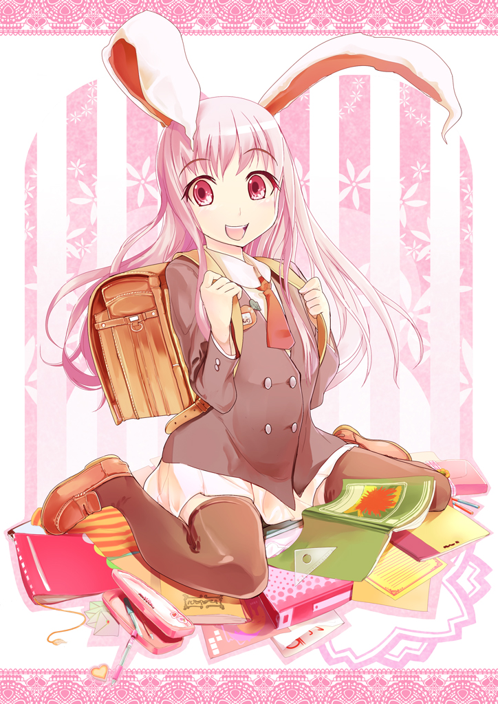 nibante, reisen udongein inaba, touhou, bad id, bad pixiv id, 1girl, animal ears, backpack, bag, black thighhighs, blazer, book, eraser, female focus, full body, jacket, long hair, mechanical pencil, necktie, notebook, pen, pencil, pencil box, pencil case, purple hair, rabbit ears, randoseru, red eyes, ruler, school uniform, skirt, solo, thighhighs, white background