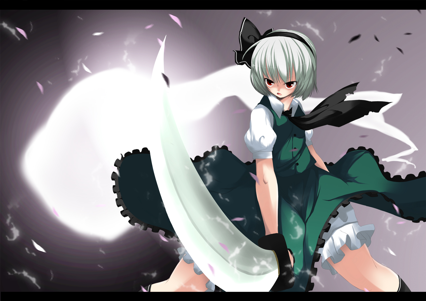 meneru, sharaia, konpaku youmu, konpaku youmu (ghost), touhou, silver hair, highres, 1girl, female focus, ghost, hairband, hitodama, katana, letterboxed, red eyes, short hair, solo, sword, weapon