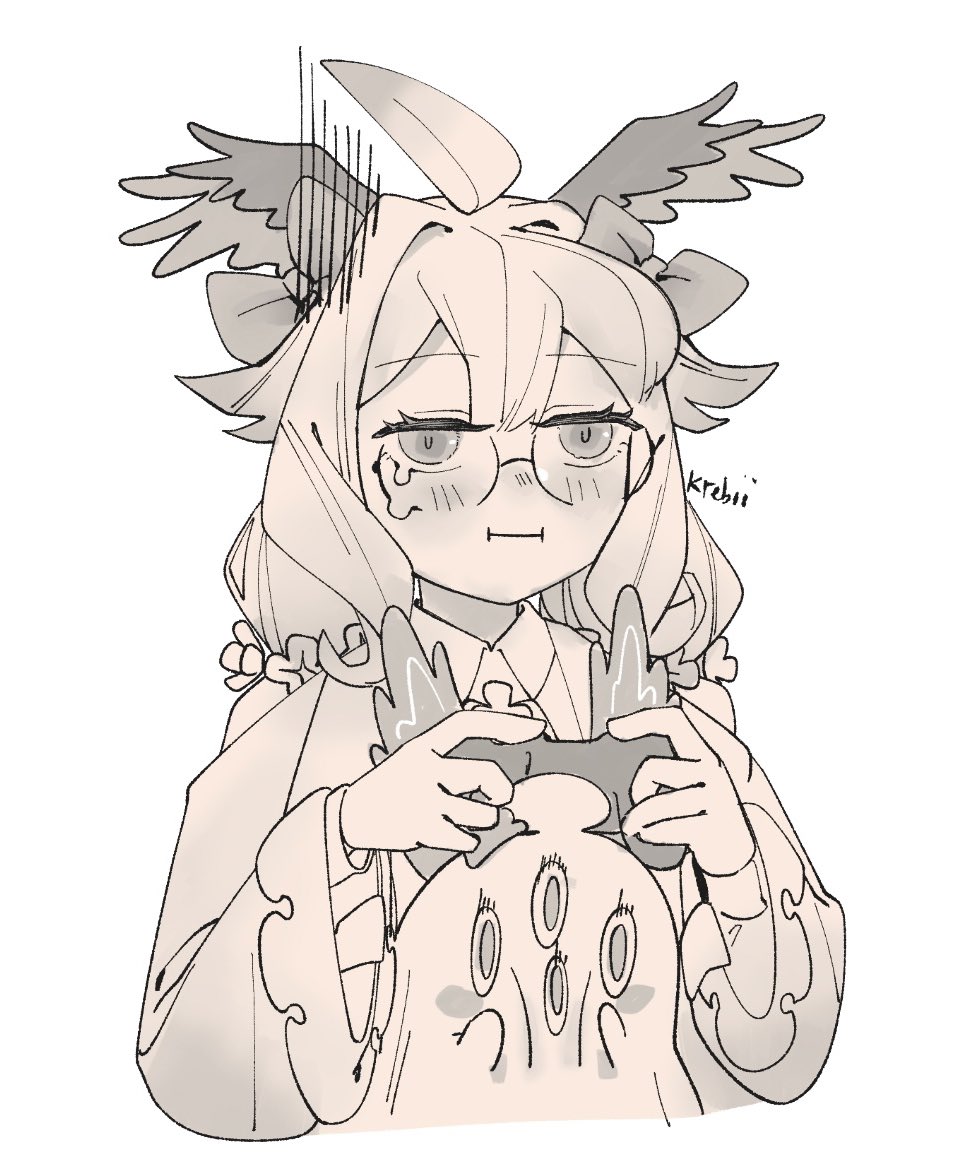 krebii, aloupeep (enna alouette), enna alouette, nijisanji, nijisanji en, commentary, english commentary, 1girl, :i, ahoge, artist name, blush, bow, controller, flower, hair bow, hair flower, hair ornament, head wings, holding, holding controller, long hair, low twintails, monochrome, nose blush, sepia, simple background, single tear, teardrop-framed glasses, twintails, virtual youtuber, white background, wings