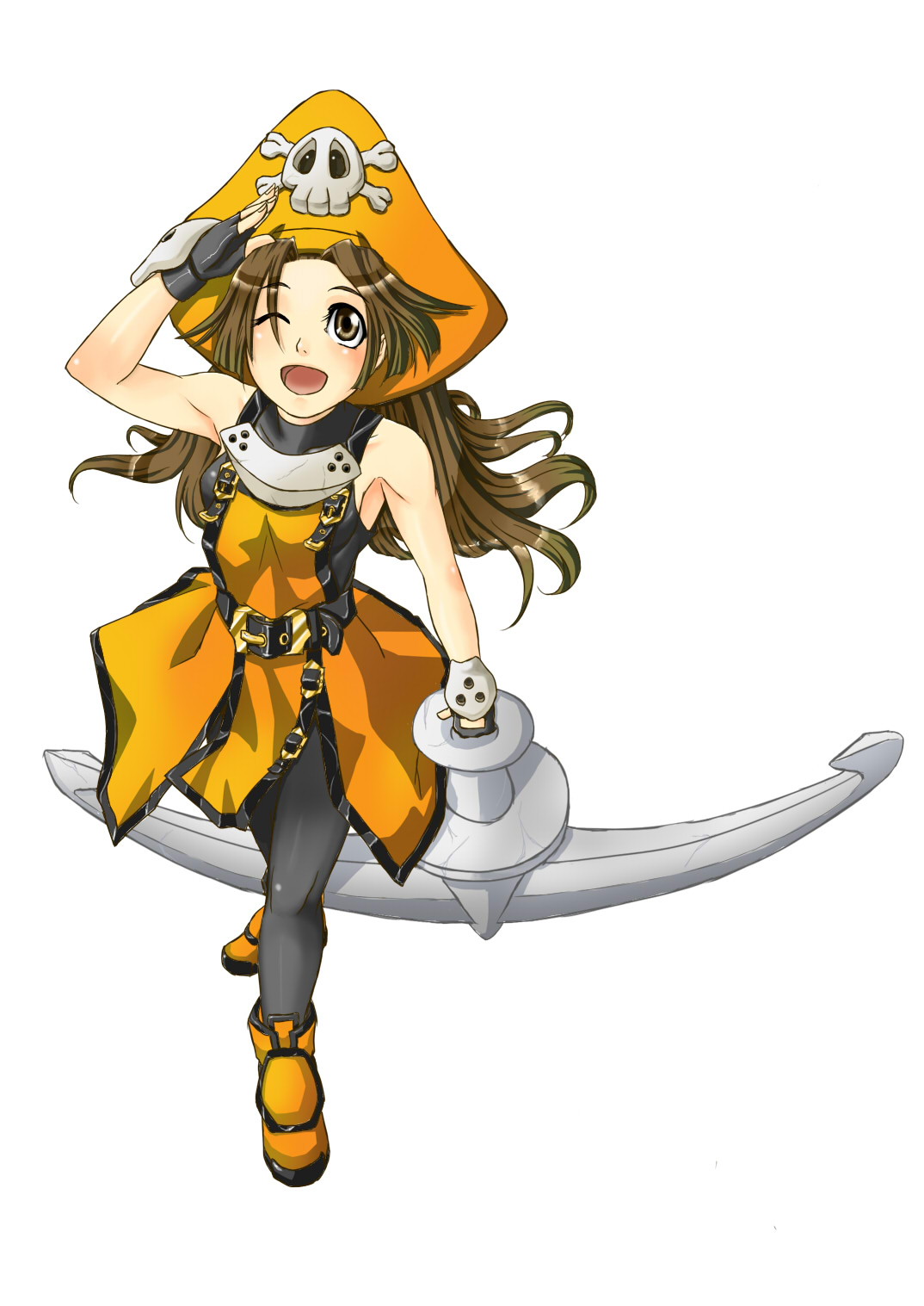 e-co, k-na, may (guilty gear), arc system works, guilty gear, highres, 1girl, anchor, belt, brown hair, female focus, hat, long hair, one eye closed, orange hat, orange shirt, pantyhose, pirate hat, shirt, simple background, solo, wink