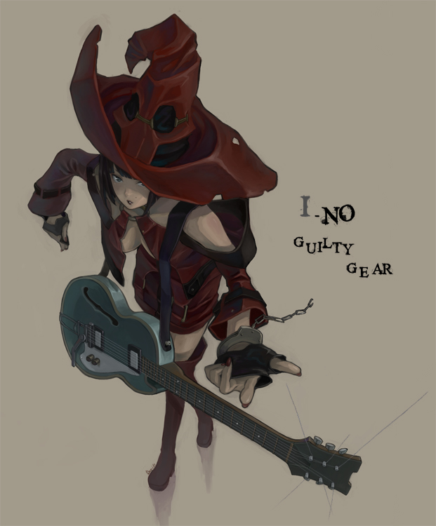 metalinu, i-no, arc system works, guilty gear, 1girl, bare shoulders, black hair, blue eyes, boots, cuffs, female focus, fingerless gloves, from above, gloves, guitar, handcuffs, hat, instrument, leather, looking up, mole, red boots, red hat, short hair, solo, thigh boots, thighhighs, witch hat