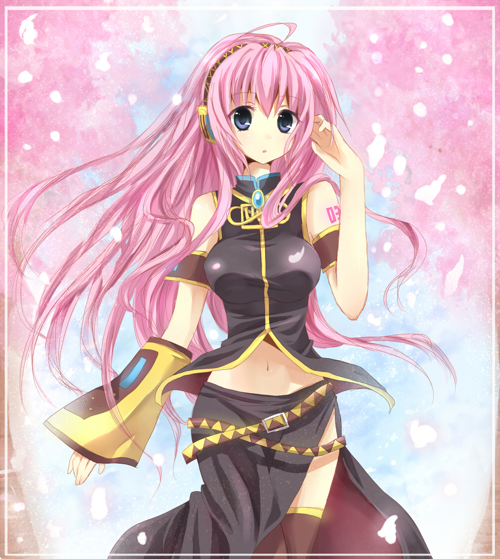 hinase haruka, megurine luka, vocaloid, bad id, bad pixiv id, blue eyes, detached sleeves, headphones, long hair, midriff, navel, pink hair, skirt, solo, thighhighs, very long hair