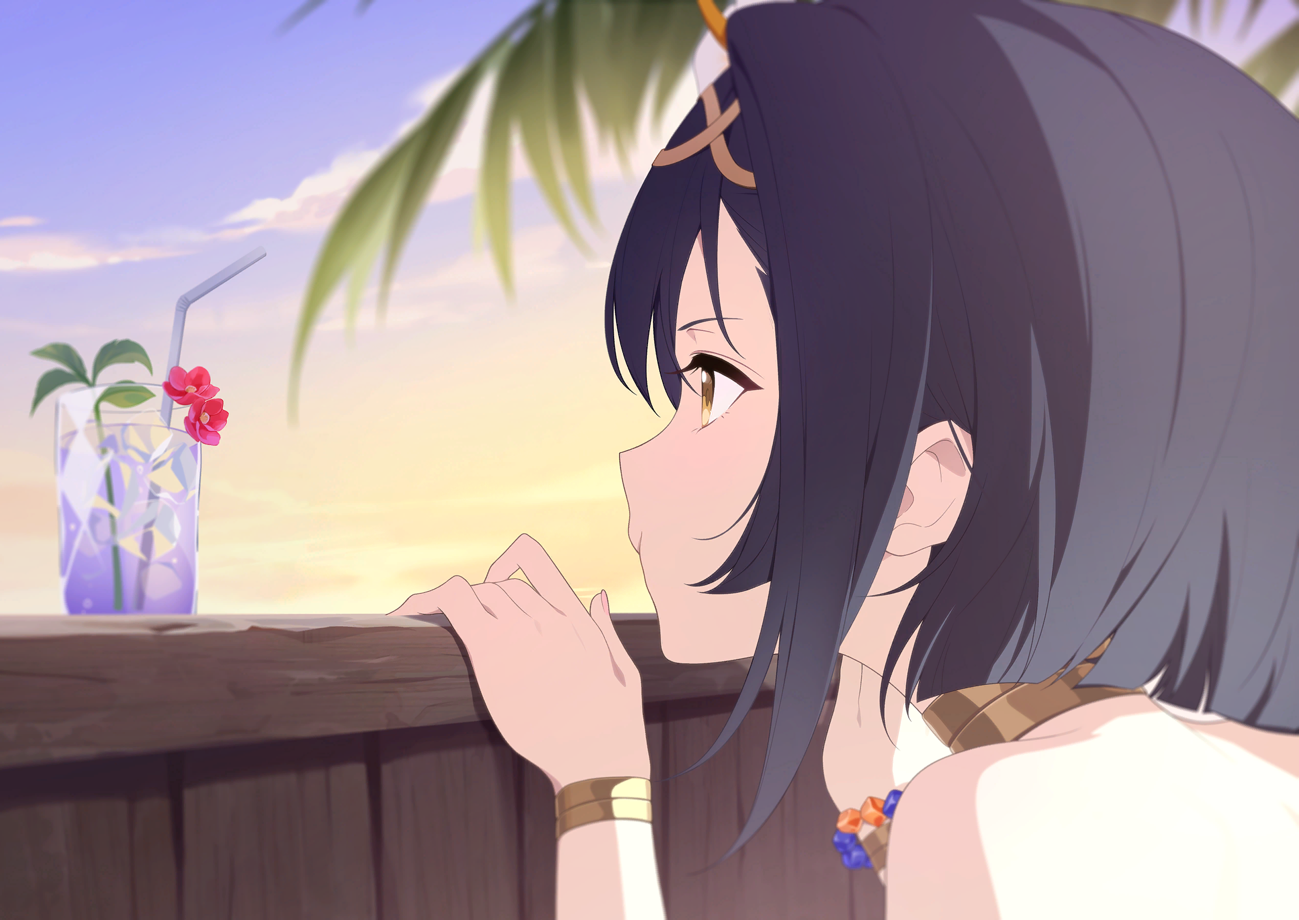 amber (stella sora), stella sora, game cg, highres, non-web source, official art, 1girl, bare shoulders, black hair, cup, drinking glass, gradient sky, hiding, ice, ice cube, outdoors, palm tree, pout, profile, purple sky, sky, solo, tree, yellow eyes, yellow sky