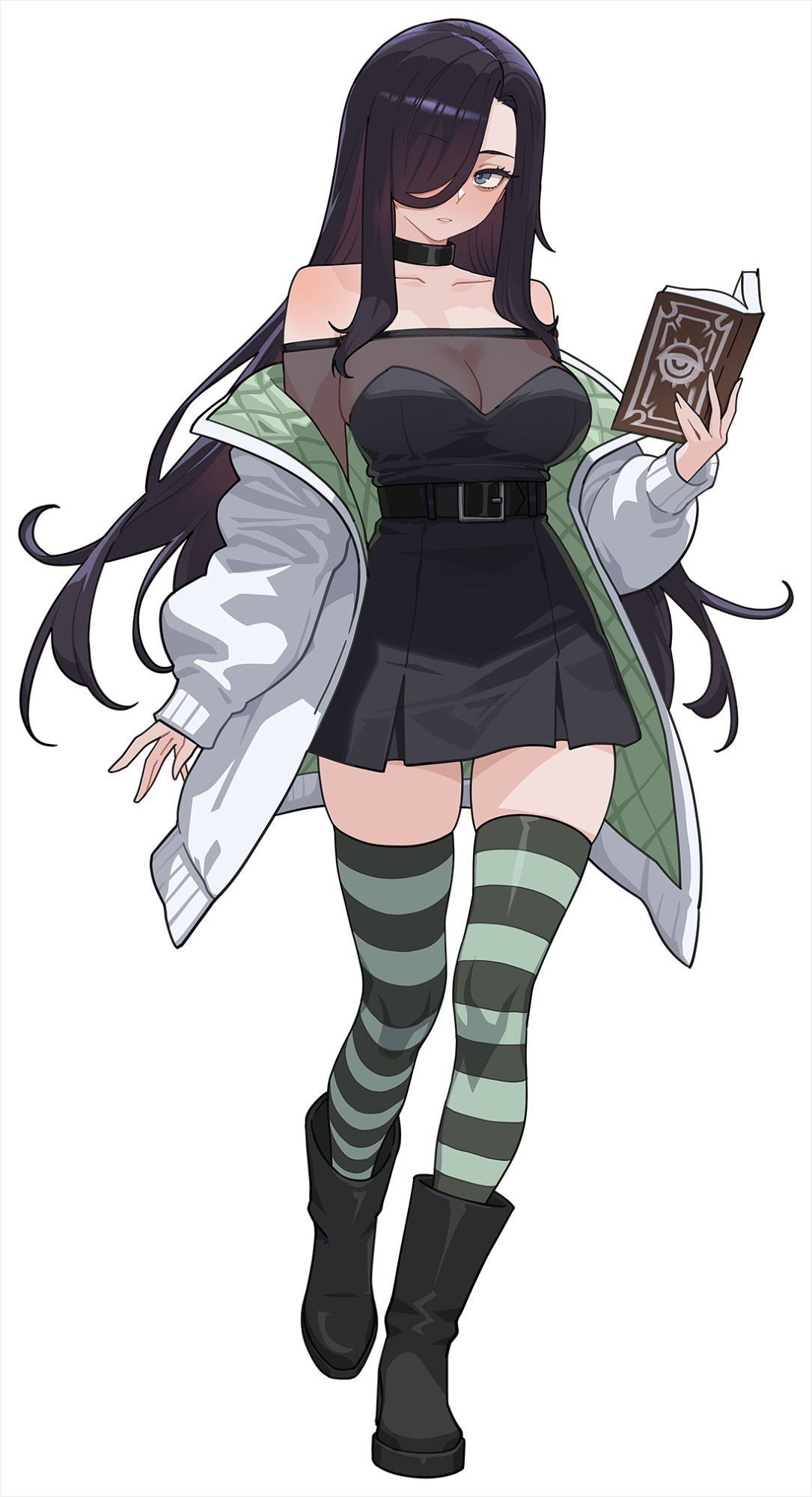 kuso otoko, aria wintermint, the crawling city, commentary, english commentary, highres, 1girl, bare shoulders, belt, black belt, black boots, black choker, black dress, black hair, book, boots, breasts, choker, coat, dress, full body, green eyes, green theme, hair over one eye, holding, holding book, large breasts, long hair, long sleeves, looking at viewer, off shoulder, open book, open clothes, open coat, parted lips, see-through cleavage, see-through clothes, short dress, simple background, solo, striped clothes, striped thighhighs, tachi-e, thighhighs, white background, white coat