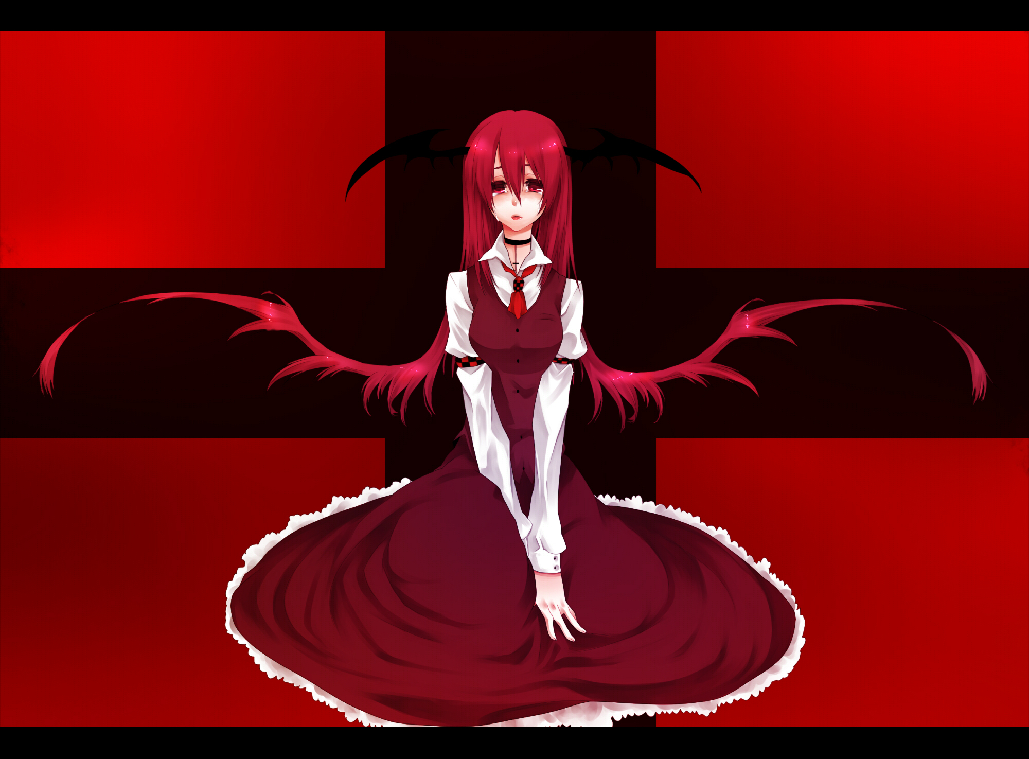 yutazou, koakuma, embodiment of scarlet devil, touhou, bad id, bad pixiv id, highres, 1girl, choker, female focus, full body, gradient background, head wings, necktie, red eyes, red hair, sitting, solo, tears, wings