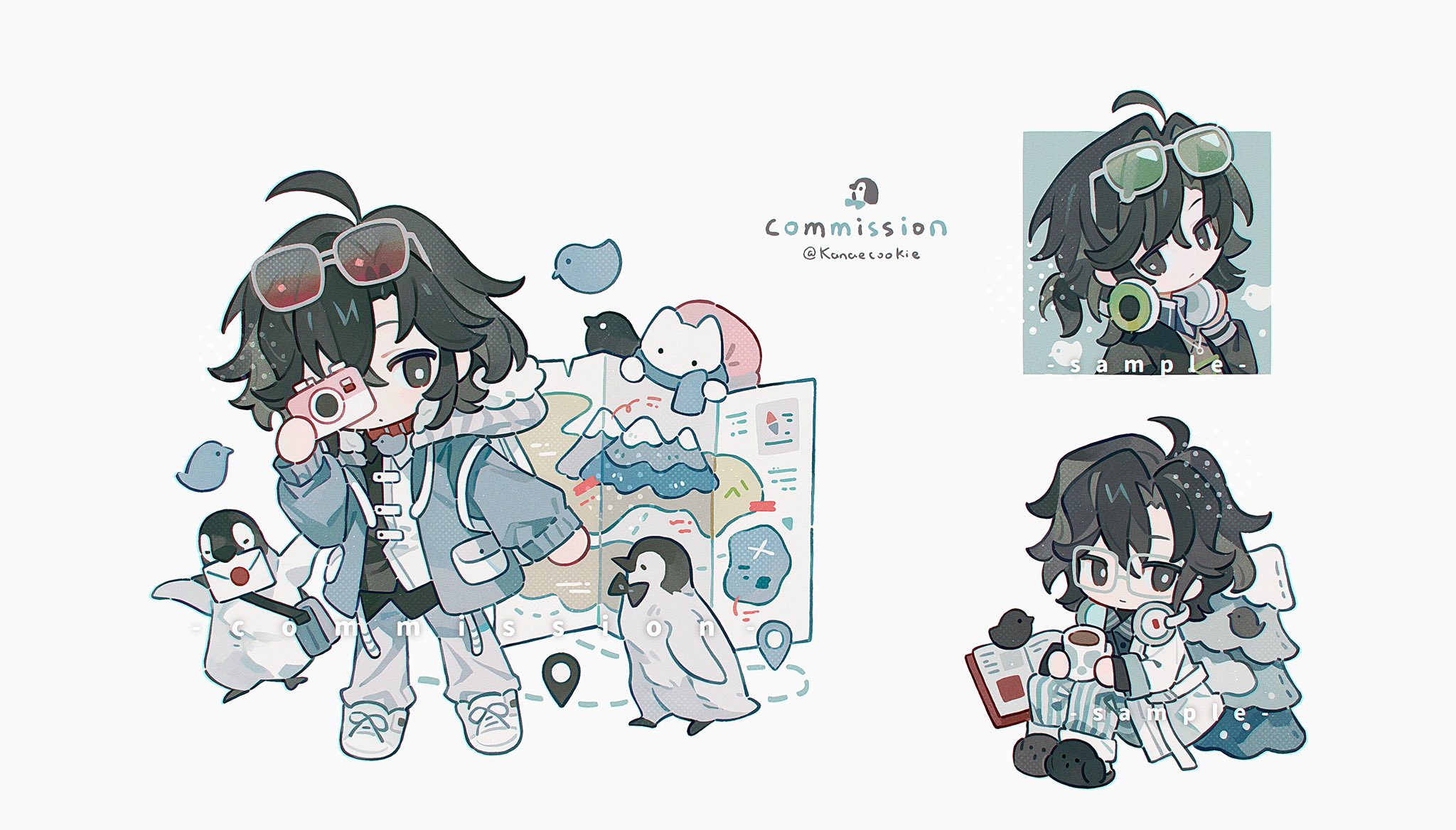 kanae (cookie), original, commission, highres, 1girl, ahoge, bird, black eyes, black hair, blue jacket, chibi, chibi only, choker, closed mouth, eyewear on head, full body, hair intakes, jacket, long sleeves, map (object), multiple views, open clothes, open jacket, pants, parted bangs, penguin, red choker, shirt, shoes, short hair, simple background, sitting, sneakers, standing, sunglasses, twitter username, white background, white pants, white shirt, white shoes