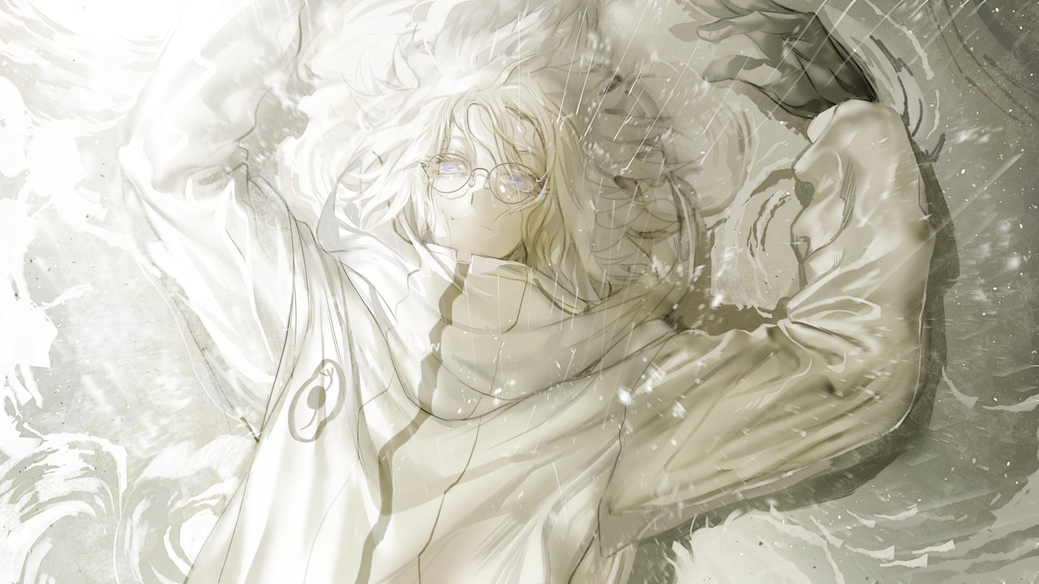 yuzhoufeitian, aotsuki eito, the hundred line -last defense academy-, highres, 1boy, black gloves, blue eyes, closed mouth, coat, frown, glasses, gloves, long sleeves, lying, male focus, on back, rain, rimless eyewear, ripples, solo, upper body, water, wet, wet hair, white coat, white hair, white theme