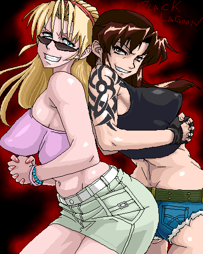 sorashu, eda (black lagoon), revy (black lagoon), black lagoon, bad id, bad pixiv id, lowres, 00s, 2girls, ass, ass-to-ass, back-to-back, blonde hair, blue eyes, breasts, brown eyes, brown hair, butt crack, clenched teeth, crop top, cutoffs, denim, denim shorts, grin, large breasts, midriff, miniskirt, multiple girls, shorts, sideboob, skirt, smile, sunglasses, tank top, tattoo, teeth
