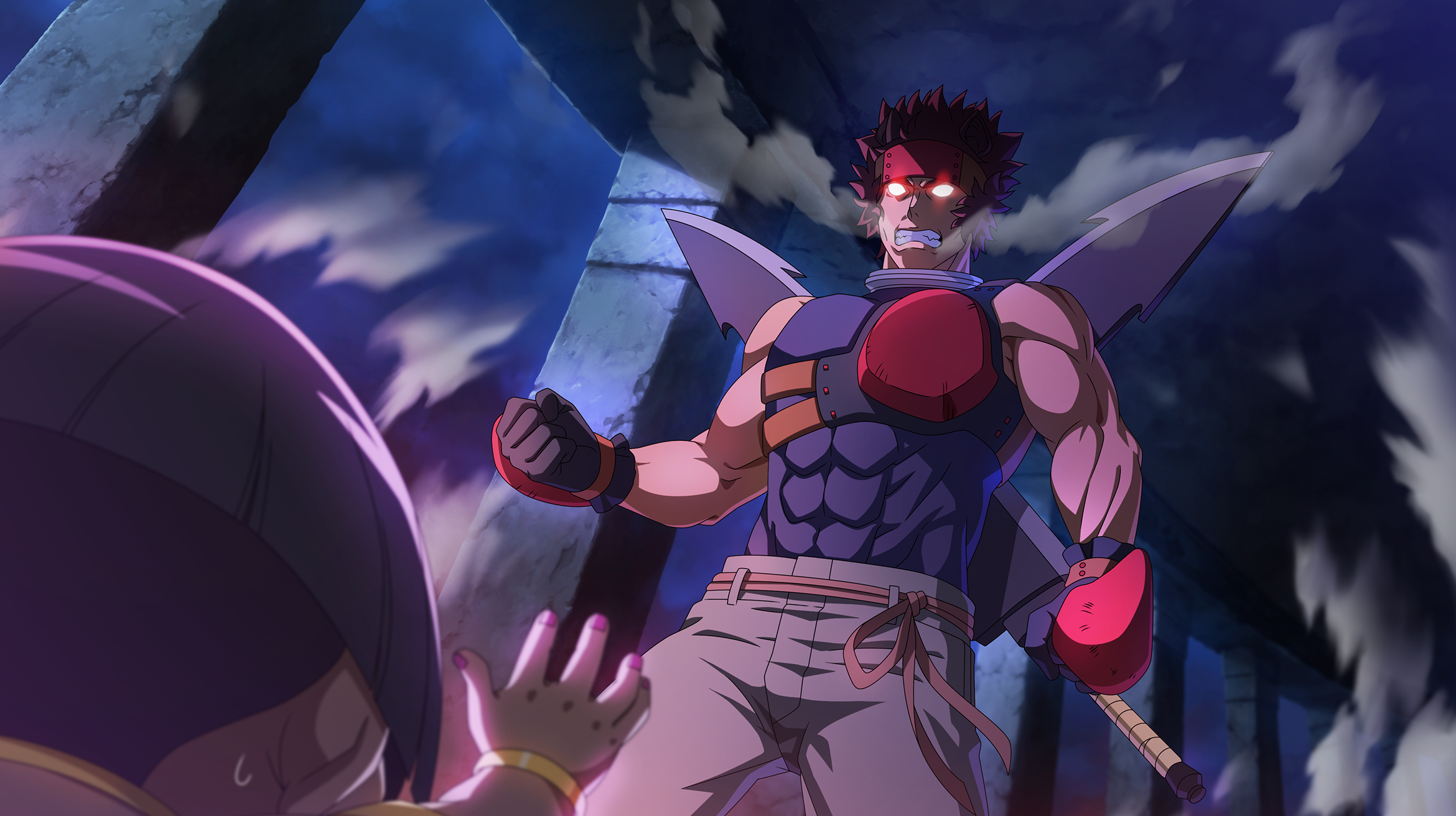 danmachi battle chronicle, dungeon ni deai wo motomeru no wa machigatteiru darou ka, game cg, highres, non-web source, official art, 1boy, 1girl, abs, angry, animal ears, anime coloring, armor, black gloves, black hair, black shirt, boar boy, boar ears, breastplate, brown hair, clenched hands, clenched teeth, compression shirt, forehead protector, furious, gloves, glowing, glowing eyes, greatsword, grey pants, heavy breathing, muscular, muscular male, ottar (danmachi), pants, phryne jamil, red eyes, shirt, short hair, sleeveless, sleeveless shirt, spiked hair, sword, sword on back, teeth, weapon, weapon on back