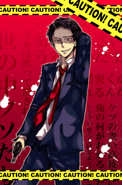 lucky-marlboro, adachi tooru, atlus, persona, persona 4, bad id, bad pixiv id, spoilers, 1boy, caution tape, crazy, gun, handgun, male focus, necktie, revolver, solo, suit, weapon