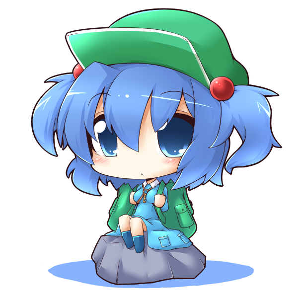 reku, rex (artist), kawashiro nitori, touhou, 1girl, backpack, bag, blue eyes, blue hair, chibi, female focus, hair bobbles, hair ornament, hat, matching hair/eyes, randoseru, short hair, sitting, solo, twintails, two side up