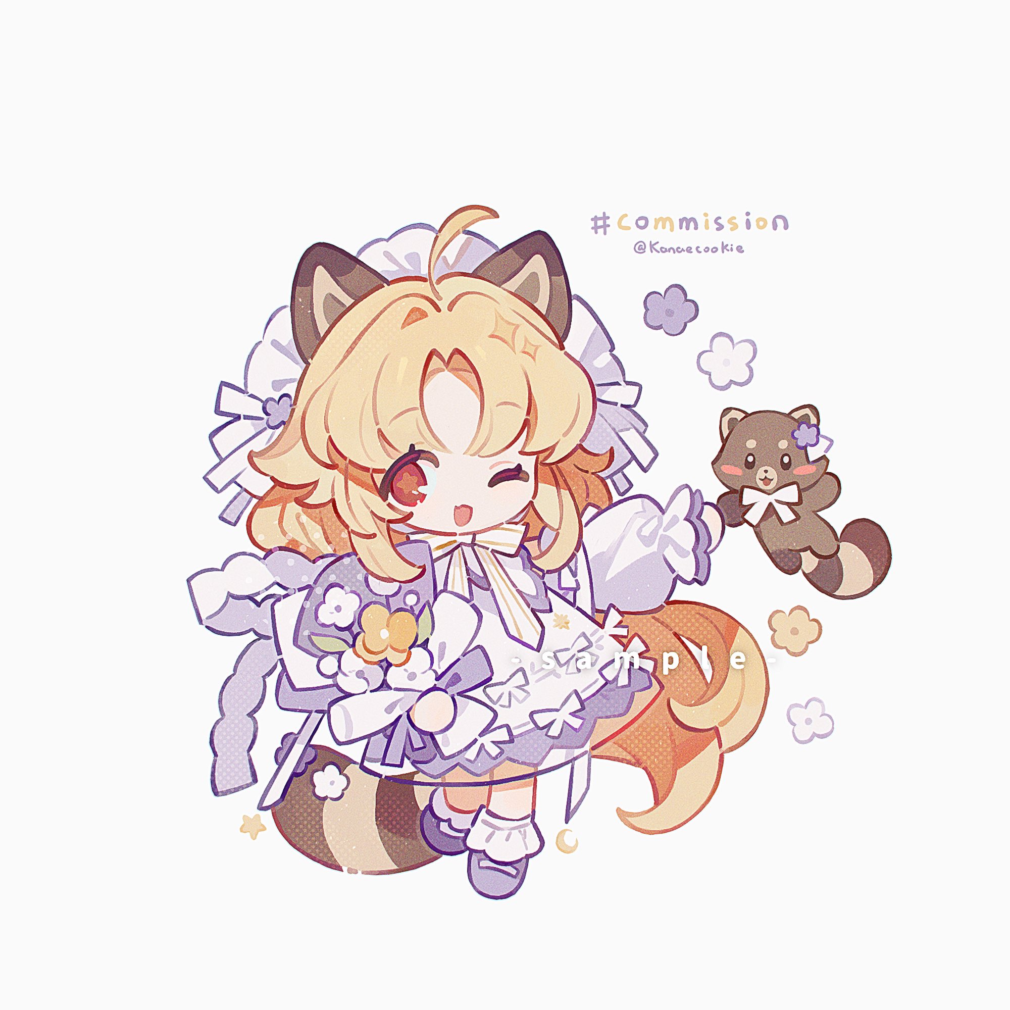 kanae (cookie), original, commission, highres, 1girl, ;d, ahoge, animal, animal ears, ball hands, blonde hair, bow, bowtie, chibi, chibi only, dress, full body, long hair, long sleeves, looking at viewer, maid headdress, one eye closed, open mouth, parted bangs, purple shoes, raccoon, raccoon ears, raccoon girl, raccoon tail, shoes, simple background, smile, socks, solo, standing, striped bow, striped bowtie, striped clothes, tail, twitter username, white background, white bow, white bowtie, white dress, white socks