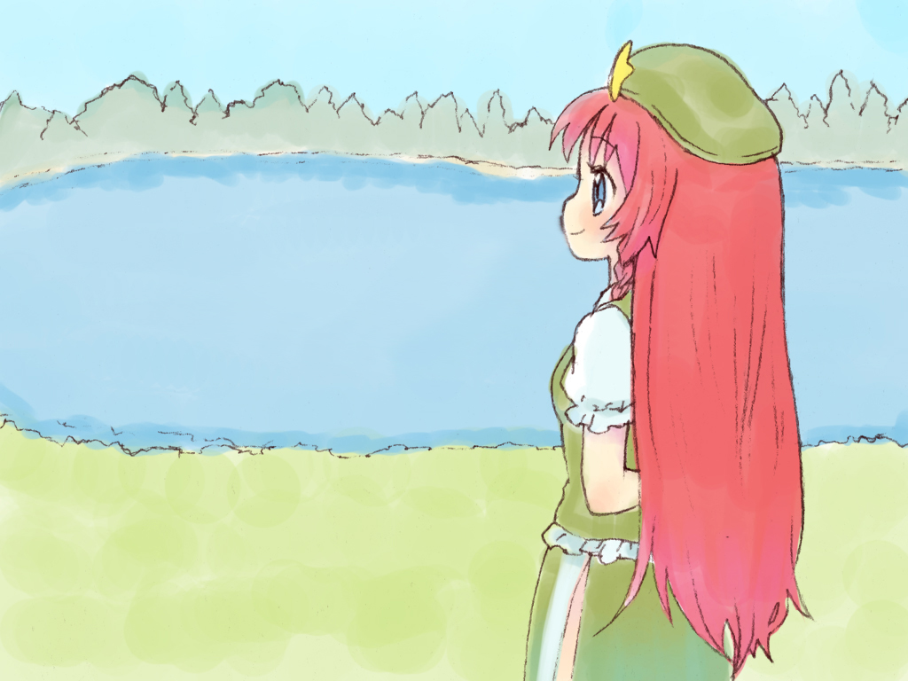 rias-shiki kawaii, hong meiling, embodiment of scarlet devil, touhou, bad id, bad pixiv id, 1girl, blue eyes, braid, china dress, chinese clothes, dress, female focus, hat, lake, long hair, nature, outdoors, plant, red hair, sky, solo