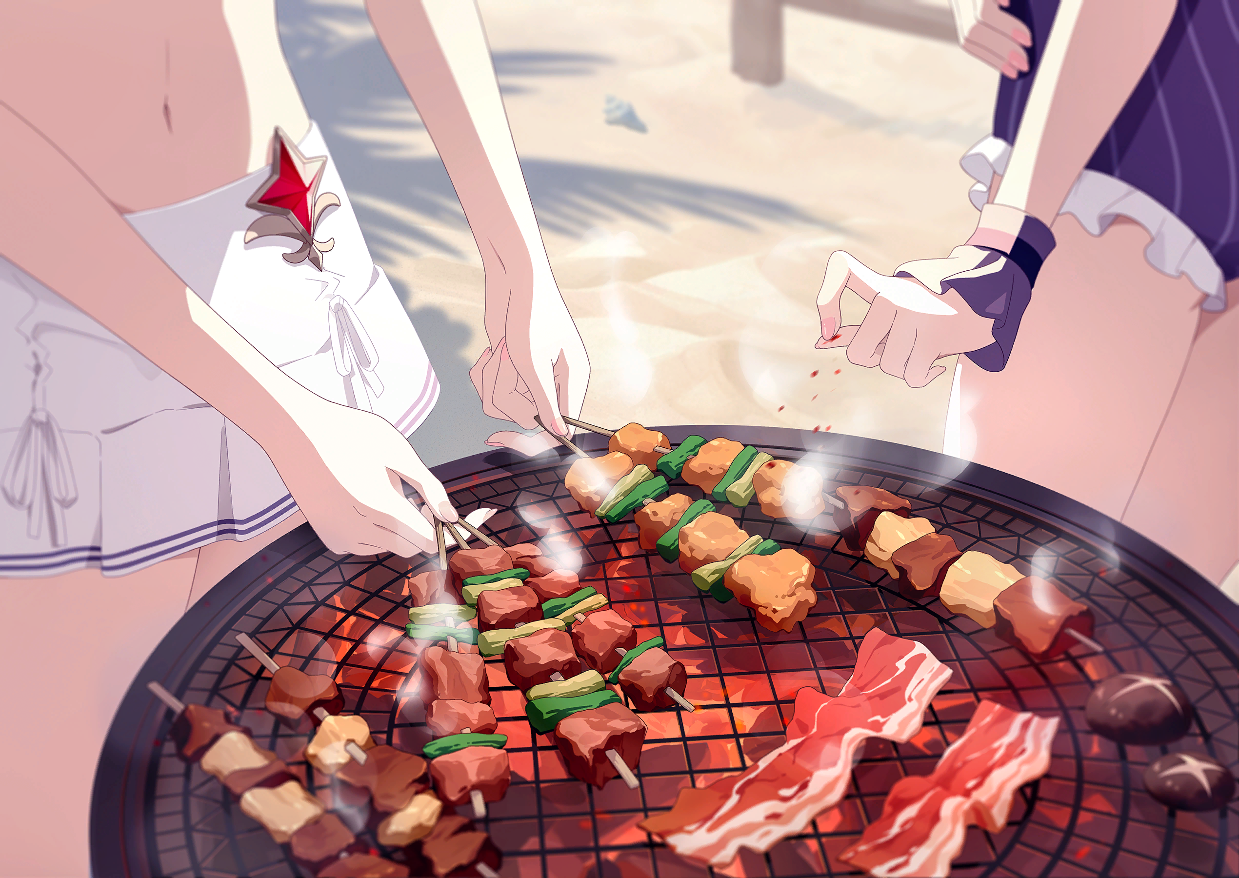 iris (stella sora), stella sora, game cg, highres, non-web source, official art, 2girls, bacon, beach, coal, cooking, food, frilled one-piece swimsuit, frills, grill, grilling, miniskirt, multiple girls, mushroom, one-piece swimsuit, out of frame, outdoors, pinstripe one-piece swimsuit, pleated skirt, purple one-piece swimsuit, shia (stella sora), skewer, skirt, sprinkling, swimsuit, white skirt