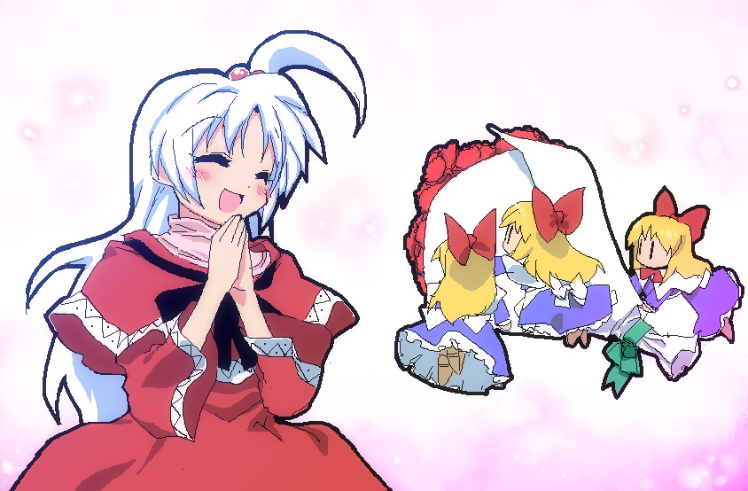 tonbi, shanghai doll, shinki (touhou), mystic square, touhou, touhou (pc-98), bad id, bad pixiv id, 4girls, blonde hair, blush, bouquet, carnation, female focus, flower, hair bobbles, hair ornament, hair ribbon, mother's day, multiple girls, red carnation, red flower, ribbon, side ponytail, white hair, | |