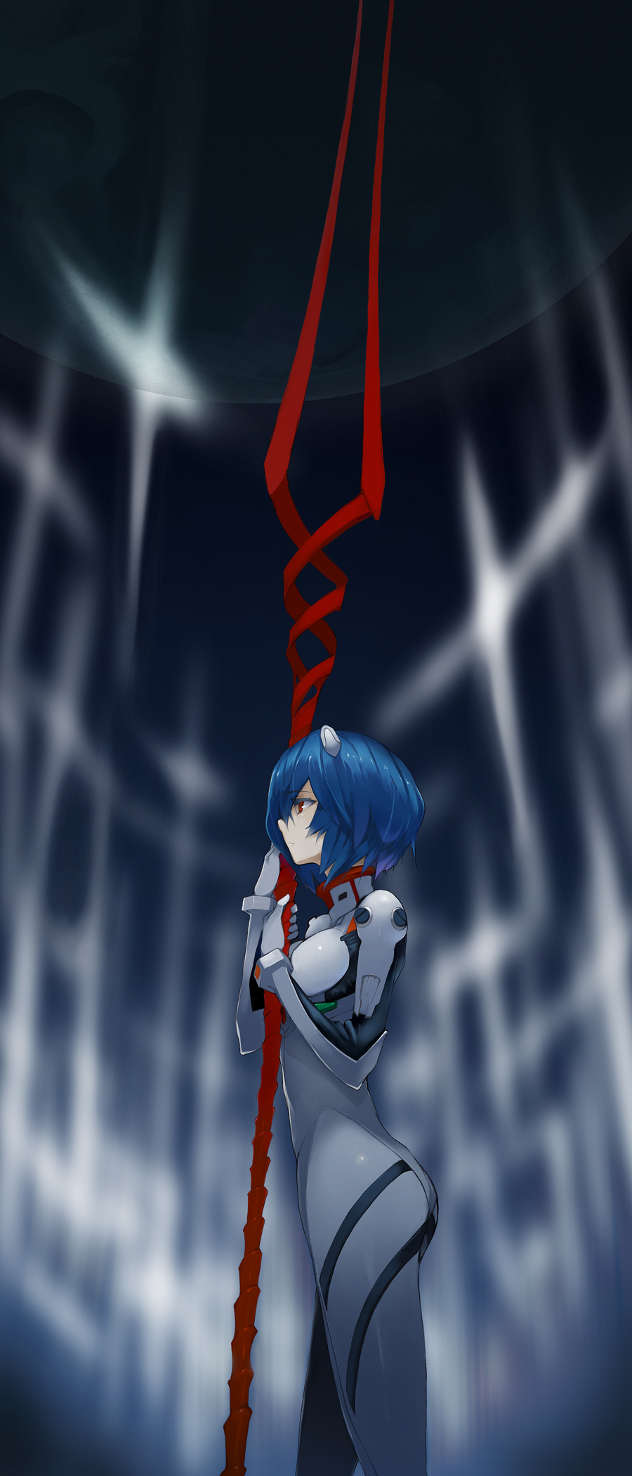 miz, ayanami rei, neon genesis evangelion, highres, 1girl, ass, bident, blue hair, bodysuit, cross, dark, female focus, lance of longinus (evangelion), mecha pilot suit, plugsuit (evangelion), polearm, red eyes, short hair, solo, weapon