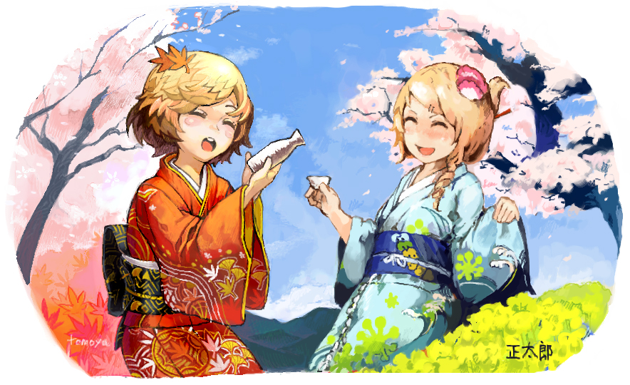 shoutarou (tibi2), 2girls, alcohol, blonde hair, cherry blossoms, japanese clothes, kimono, multiple girls, sake, short hair