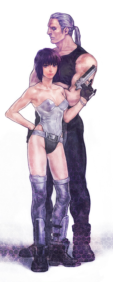 a k i, batou (gits), kusanagi motoko, ghost in the shell, ghost in the shell: stand alone complex, long image, tall image, 00s, 1boy, 1girl, belt, cyborg, gloves, gun, handgun, leotard, pistol, ponytail, purple hair, short hair, thighhighs, weapon