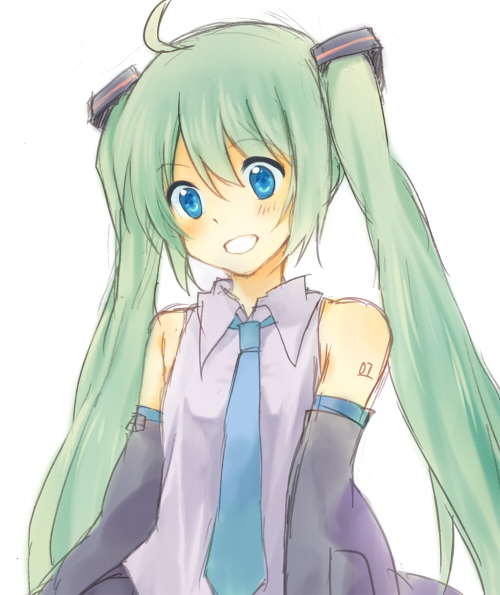 kutsushita, kutsushita (tokati r), hatsune miku, vocaloid, bad id, bad pixiv id, 1girl, ahoge, bare shoulders, blue eyes, detached sleeves, female focus, green hair, grin, long hair, simple background, sketch, smile, solo, twintails, upper body