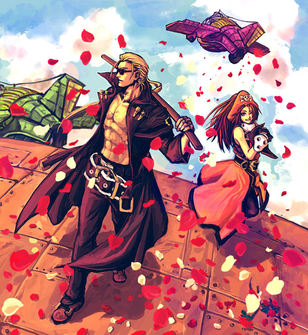 sil9, y.silk, johnny (guilty gear), may (guilty gear), arc system works, guilty gear, guilty gear x, guilty gear xx, bad id, bad pixiv id, 1boy, 1girl, aircraft, airplane, belt, blonde hair, brown eyes, brown hair, cloud, gloves, hat, long hair, muscular, orange hat, petals, pirate hat, sword, weapon