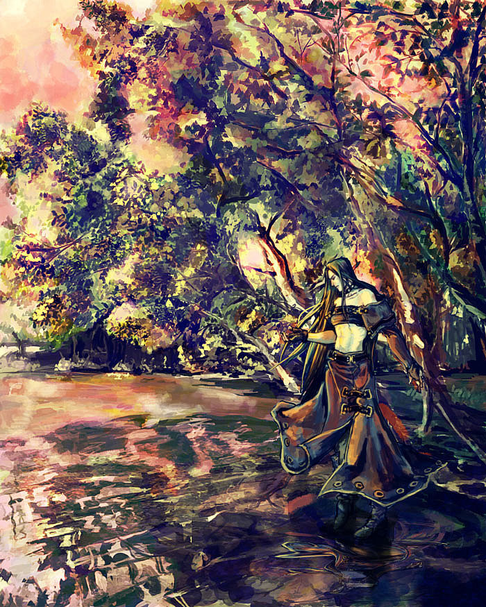 sil9, y.silk, testament (guilty gear), arc system works, guilty gear, bad id, bad pixiv id, 1boy, black hair, dress, gloves, leather, long hair, male focus, midriff, scenery, solo