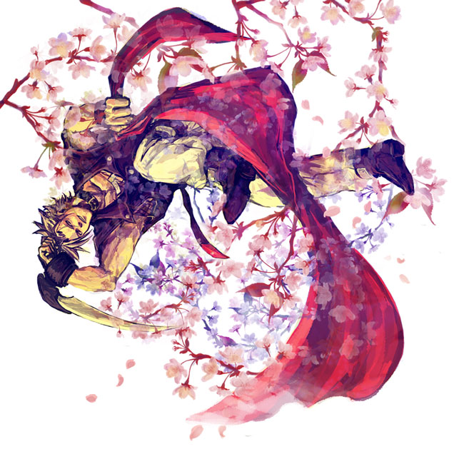 sil9, y.silk, chipp zanuff, arc system works, guilty gear, blade, bad id, bad pixiv id, 1boy, cherry blossoms, male focus, scarf, solo, white hair