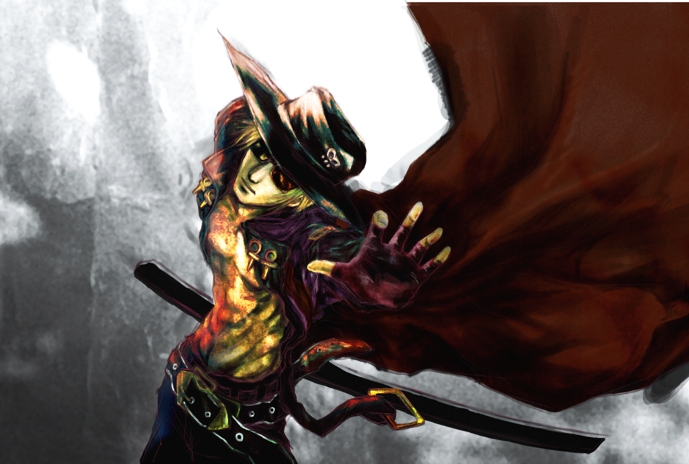 yashpan, johnny (guilty gear), arc system works, guilty gear, abs, belt, blonde hair, coat, gloves, hat, long hair, male focus, muscular, sheath, sheathed, solo, sunglasses, sword, trench coat, weapon