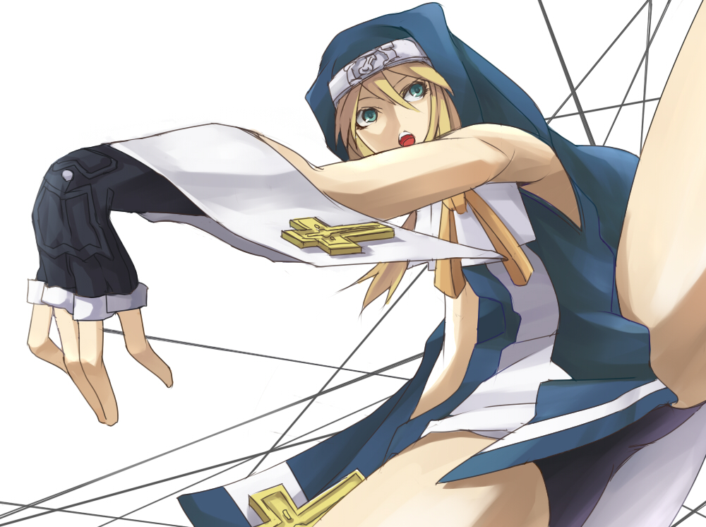 domu, bridget (guilty gear), arc system works, guilty gear, guilty gear xx, bad id, bad pixiv id, 1boy, blonde hair, cross, fingerless gloves, gloves, green eyes, male focus, nun, solo, spread legs, string, trap, white background, wrist cuffs
