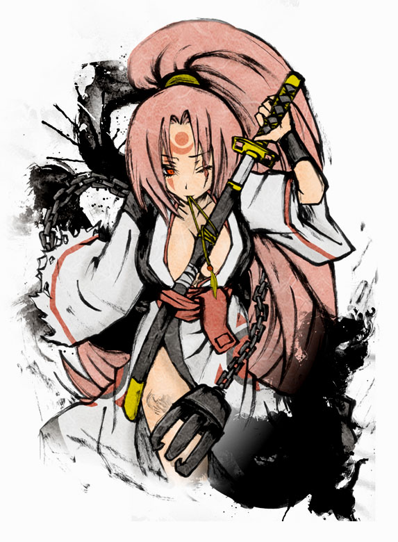 sunfl, baiken, arc system works, guilty gear, bad id, bad pixiv id, 1girl, breasts, claws, cleavage, female focus, japanese clothes, katana, kimono, large breasts, mouth hold, open clothes, open kimono, pink eyes, pink hair, ponytail, scar, sheath, solo, sword, unsheathing, weapon
