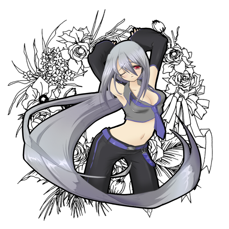 oota minoru, yowane haku, vocaloid, silver hair, bad id, bad pixiv id, 1girl, arms up, belt, blouse, breasts, cleavage, detached sleeves, female focus, flower, grey shirt, large breasts, long hair, necktie, one eye closed, pants, ponytail, red eyes, shirt, solo, very long hair, wink