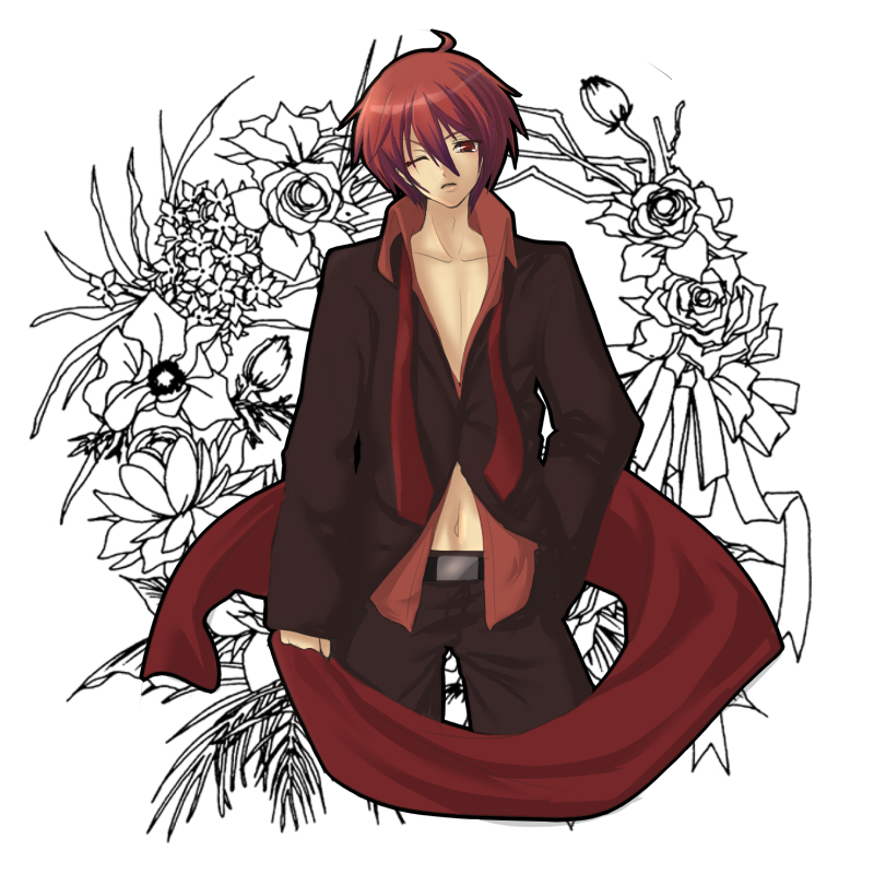 oota minoru, akaito, vocaloid, bad id, bad pixiv id, 1boy, ahoge, belt, flower, hand in pants, male focus, necktie, one eye closed, red eyes, red hair, scarf, shirt, solo, wink