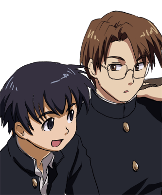 shiwashiwa no kinchakubukuru, mizuhara koyomi, takino tomo, azumanga daiou, lowres, 2boys, black hair, brown eyes, genderswap, genderswap (ftm), glasses, male focus, multiple boys, school uniform, smile