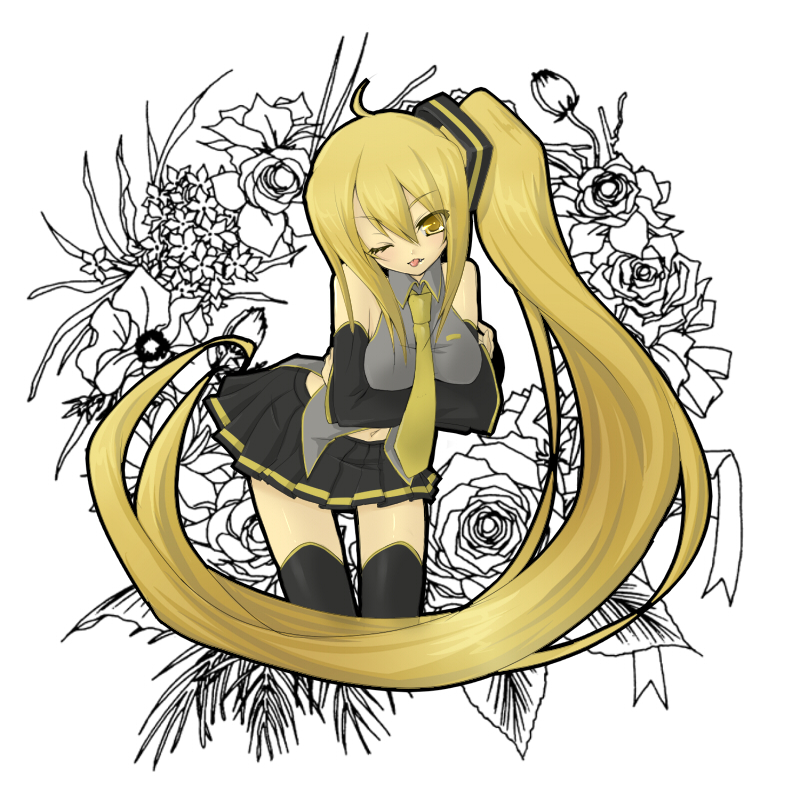 oota minoru, akita neru, vocaloid, breast hold, bad id, bad pixiv id, 1girl, ahoge, blonde hair, breasts, detached sleeves, female focus, flower, long hair, necktie, one eye closed, side ponytail, skirt, solo, thighhighs, tongue, very long hair, wink, yellow eyes, yellow necktie