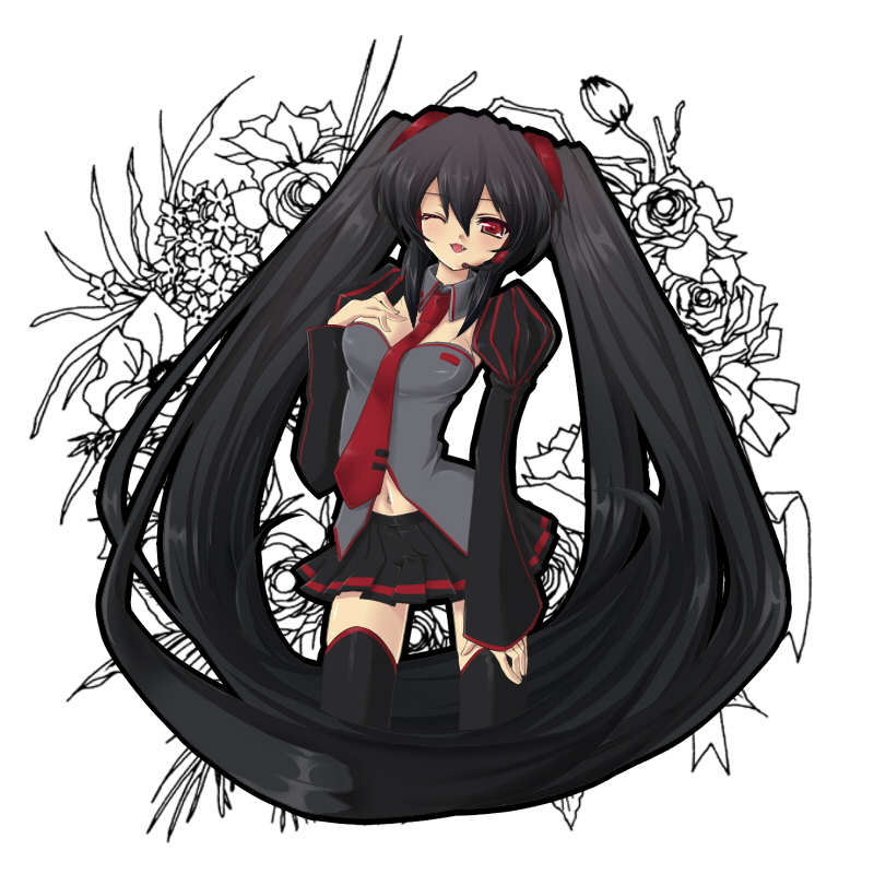 oota minoru, zatsune miku, vocaloid, bad id, bad pixiv id, 1girl, belt, black hair, breasts, cleavage, detached sleeves, fang, female focus, flower, long hair, necktie, one eye closed, red eyes, skirt, smile, solo, thighhighs, twintails, very long hair, wink