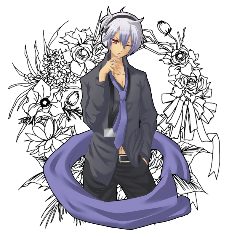 oota minoru, honne dell, vocaloid, bad id, bad pixiv id, 1boy, belt, card, cigarette, flower, hand in pocket, headphones, male focus, necktie, one eye closed, red eyes, scarf, shirt, smoking, solo, white hair, wink