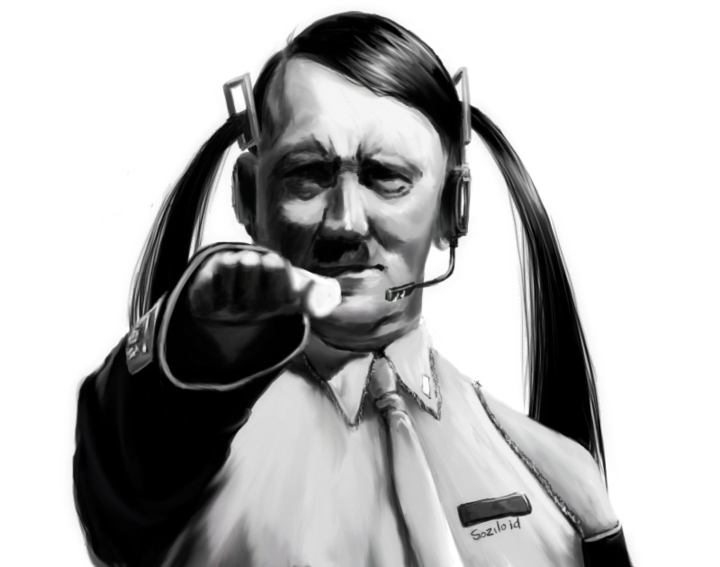 kpuro, adolf hitler, hatsune miku, real life, vocaloid, 1boy, cosplay, crossdressing, crossdressing (mtf), crossover, detached sleeves, facial hair, greyscale, hatsune miku (cosplay), headphones, long hair, male focus, microphone, monochrome, mustache, necktie, parody, real life insert, salute, satire, simple background, solo, straight-arm salute, toothbrush mustache, twintails, what