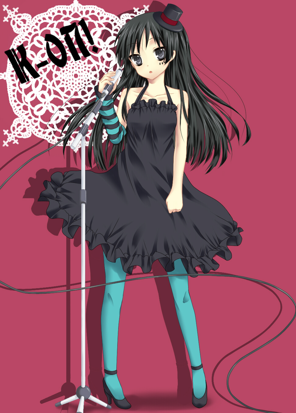 etou (cherry7), akiyama mio, don't say "lazy", k-on!, bad id, bad pixiv id, highres, 00s, 1girl, aqua pantyhose, black eyes, black hair, blue pantyhose, blunt bangs, female focus, hat, hime cut, mini hat, mini top hat, pantyhose, solo, top hat