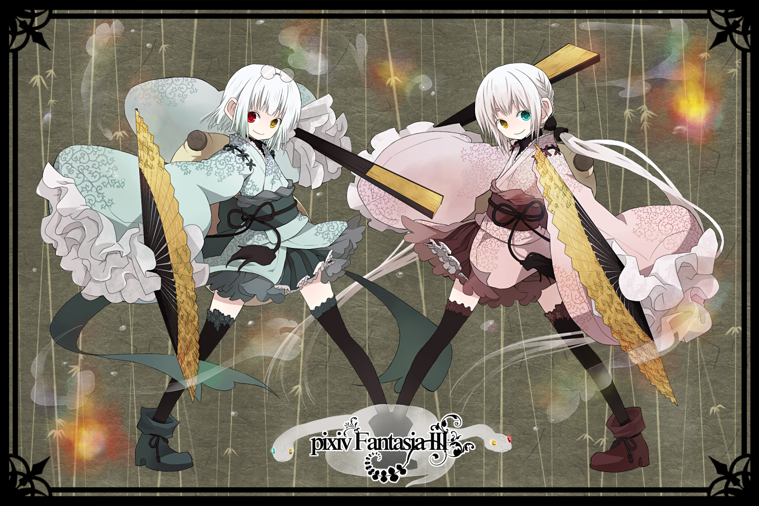 kintaro, pixiv fantasia, pixiv fantasia 3, 2girls, frills, glasses, hand fan, heterochromia, japanese clothes, kimono, multiple girls, ribbon, thighhighs, white hair