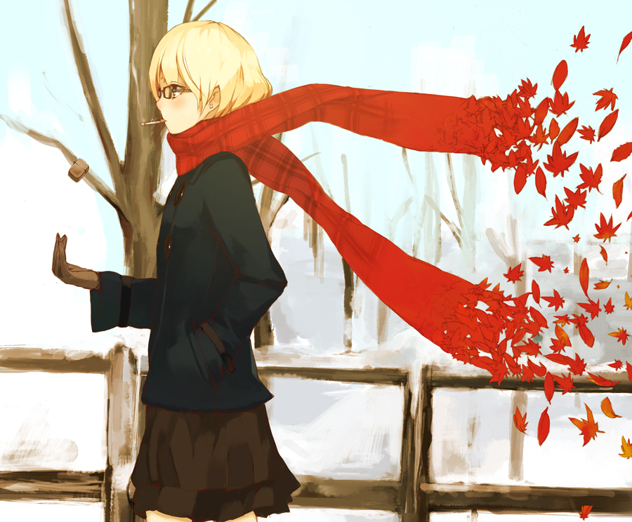 miz, original, bad id, bad pixiv id, 1girl, blonde hair, cigarette, coat, earrings, female focus, fence, glasses, gloves, jewelry, leaf, lighter, plaid clothes, plaid scarf, scarf, short hair, skirt, smoking, solo, tree