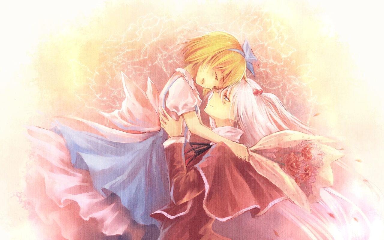 kieta, alice margatroid, alice margatroid (pc-98), shinki (touhou), mystic square, touhou, touhou (pc-98), 2girls, blonde hair, blue eyes, bouquet, carnation, female focus, flower, hair bobbles, hair ornament, hairband, mother's day, mother and daughter, multiple girls, red carnation, red flower, rose, side ponytail, white hair