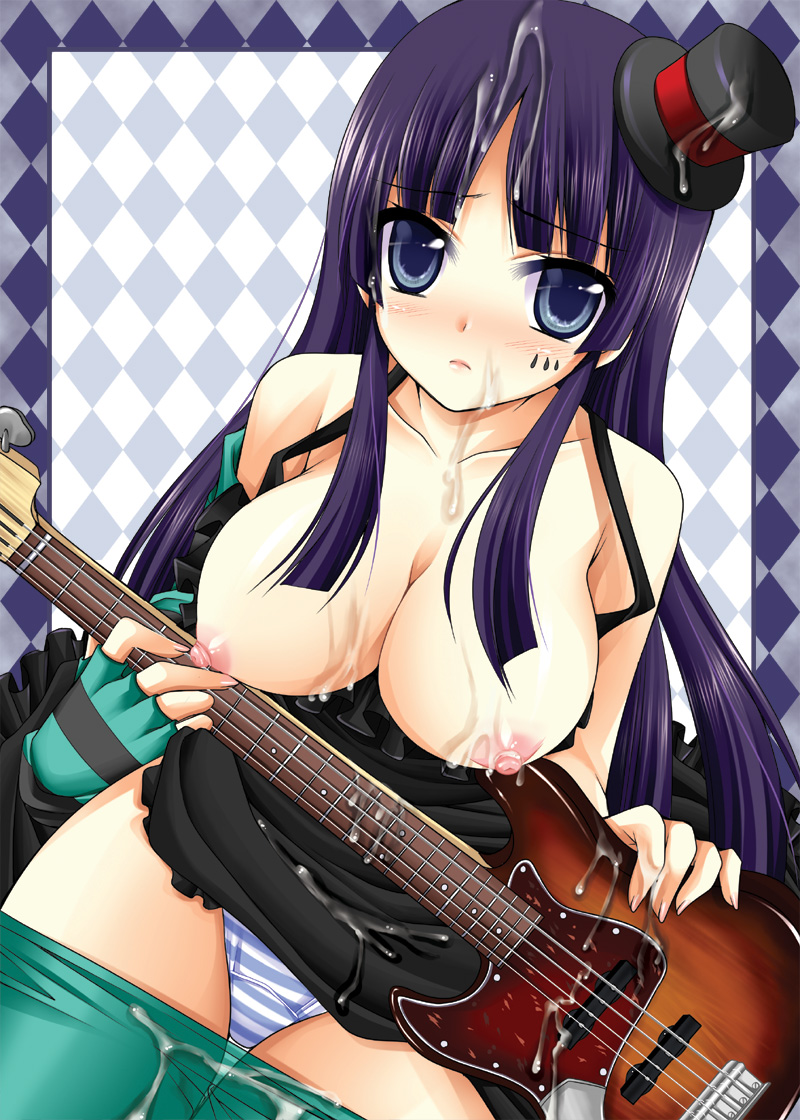 sakura hanatsumi, akiyama mio, don't say "lazy", k-on!, 00s, 1girl, aqua pantyhose, bass guitar, blue eyes, blue pantyhose, blush, breasts, clothes pull, cum, cum on body, cum on breasts, cum on clothes, cum on upper body, facepaint, facial, female focus, framed breasts, hat, instrument, large breasts, long hair, mini hat, mini top hat, nipples, no bra, panties, pantyhose, pantyhose pull, purple hair, solo, striped clothes, striped panties, top hat, underwear