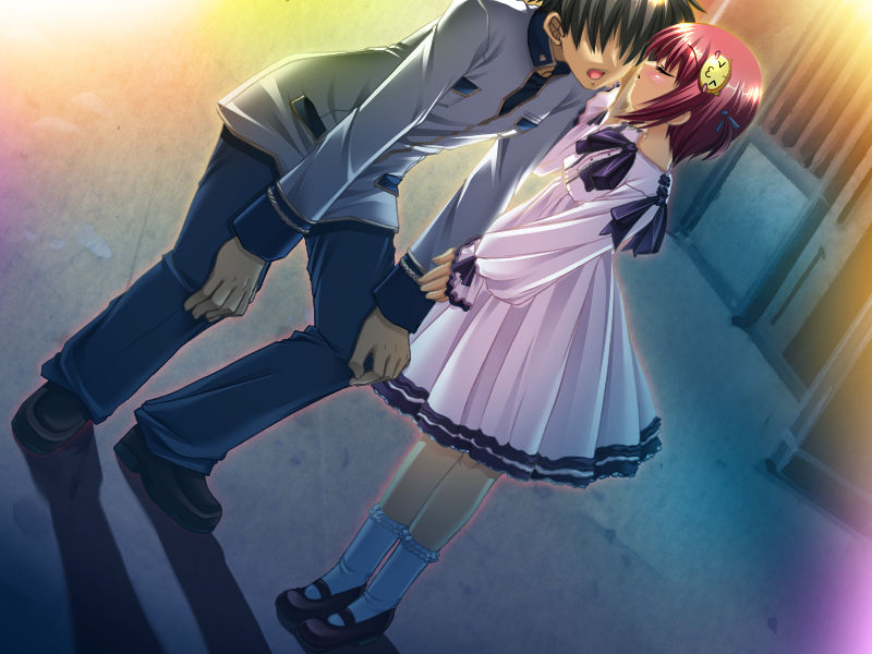 chouhi (koihime musou), hongou kazuto, koihime musou, game cg, > <, 00s, 1boy, 1girl, blush, closed eyes, dress, hair ornament, hetero, red hair, school uniform