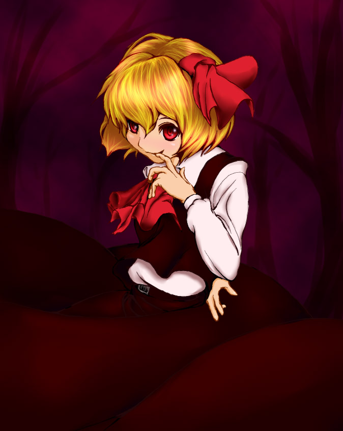 rousoku, rumia, embodiment of scarlet devil, touhou, 1girl, blonde hair, female focus, finger to mouth, hair ribbon, necktie, red eyes, ribbon, short hair, solo