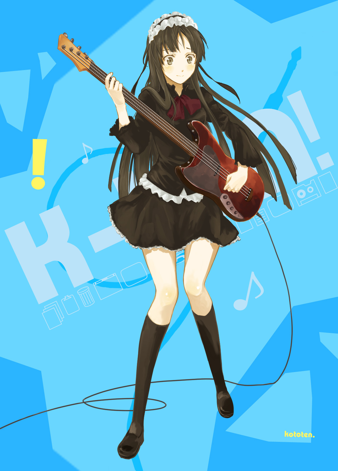 kototen, akiyama mio, fuwafuwa time, k-on!, highres, 00s, 1girl, bass guitar, black hair, black socks, blunt bangs, blush, brown eyes, female focus, full body, headdress, hime cut, instrument, kneehighs, long hair, ribbon, skirt, socks, solo