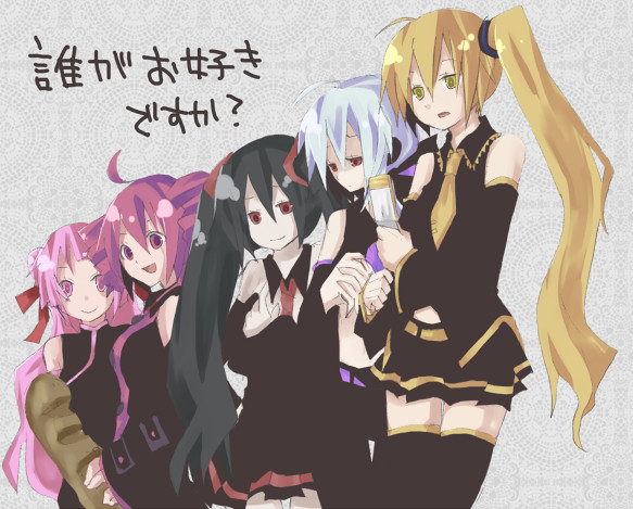 asatsuki hiko, kosui (artist), akita neru, kasane teto, kasane teto (utau), tonarine sai, yowane haku, zatsune miku, utau, vocaloid, silver hair, bad id, bad pixiv id, translation request, 5girls, ahoge, asymmetrical hair, baguette, black hair, blonde hair, bread, cellphone, crossover, detached sleeves, drill hair, food, hair ribbon, midriff, multiple girls, navel, necktie, phone, pink eyes, pink hair, ponytail, red eyes, red hair, ribbon, short twintails, side ponytail, skirt, smile, thighhighs, twin drills, twintails, yellow eyes