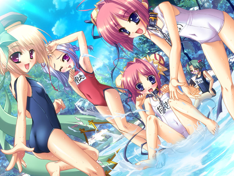 katagiri hinata, daikyou (koihime musou), kaku (koihime musou), kaku bunwa (koihime musou), shokatsuryou (koihime musou), shoukyou (koihime musou), toutaku (koihime musou), koihime musou, game cg, 00s, 5girls, barefoot, blonde hair, blue eyes, blue hair, child, collar, feet, female focus, flat chest, hat, multiple girls, one-piece swimsuit, pink hair, purple eyes, purple hair, school swimsuit, swimsuit, water
